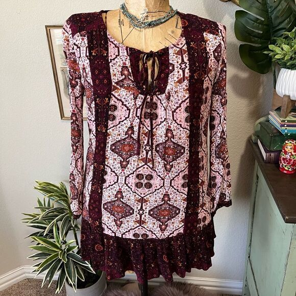 Staccato Maroon Pink Paisley Mandala Floral Ruffle Peasant Blouse S Boho Hippie - Picture 1 of 10